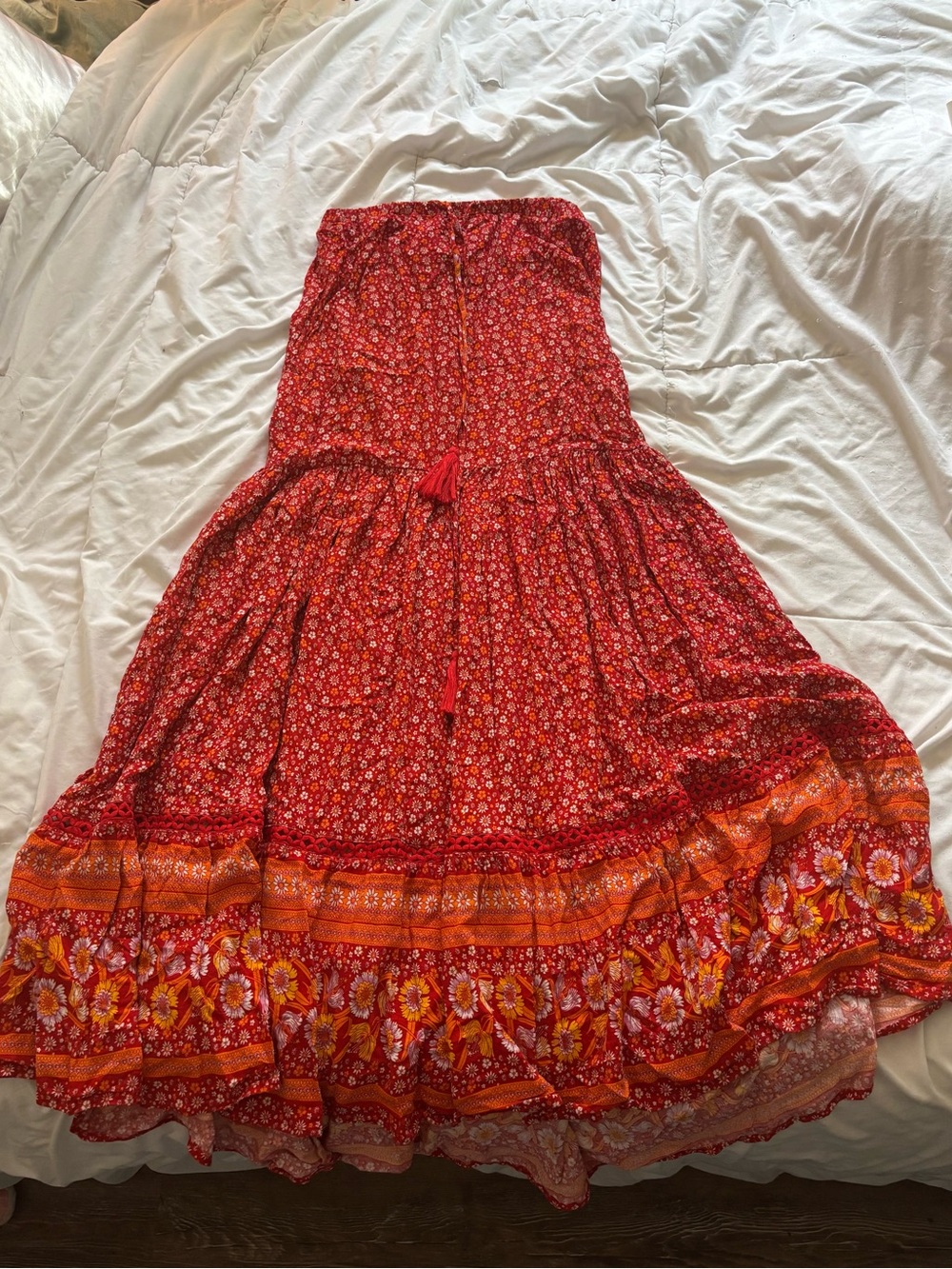 Floral Tiered Red Boho Maxi Skirt